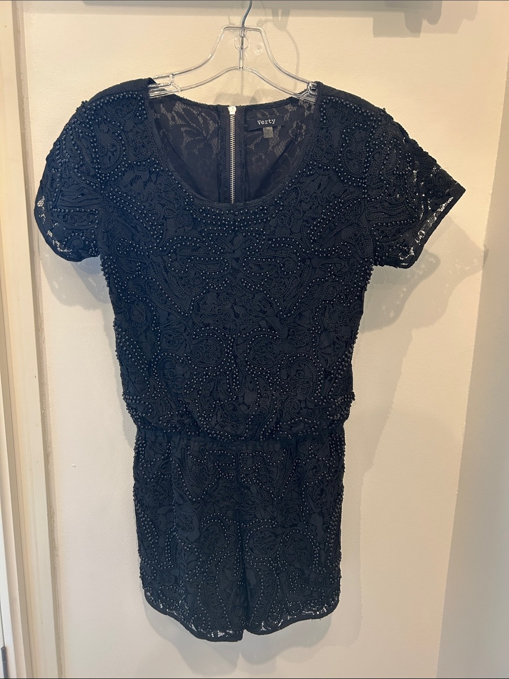 Verty Black Beaded Lace Romper
